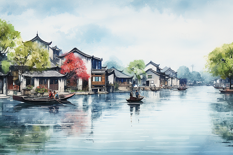 水墨江南水乡中式插画