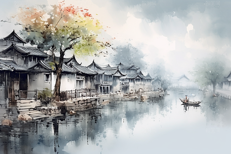 水墨江南中式小桥流水插画