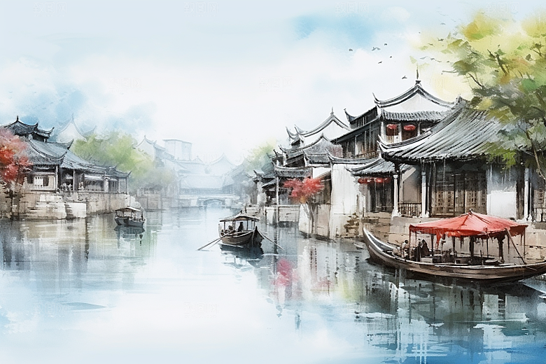 水墨江南水乡中国风插画