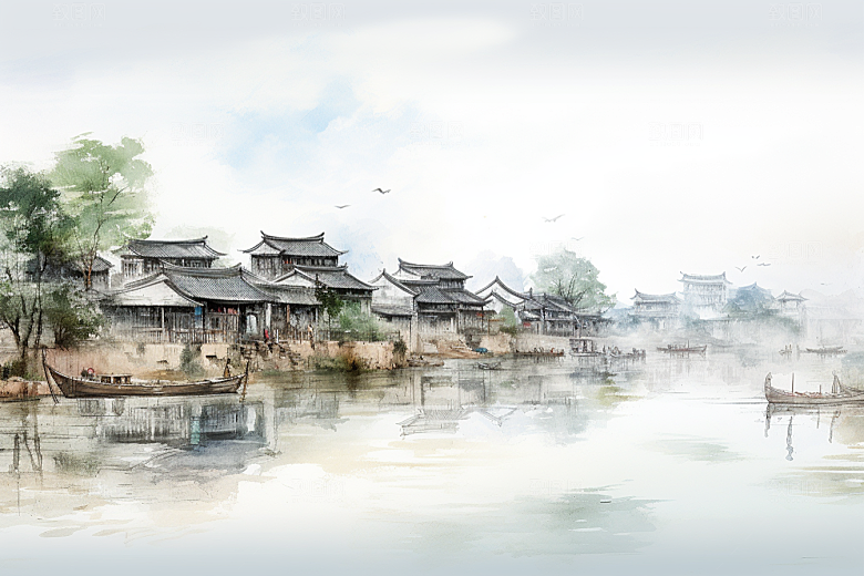 水墨江南小镇水彩插画