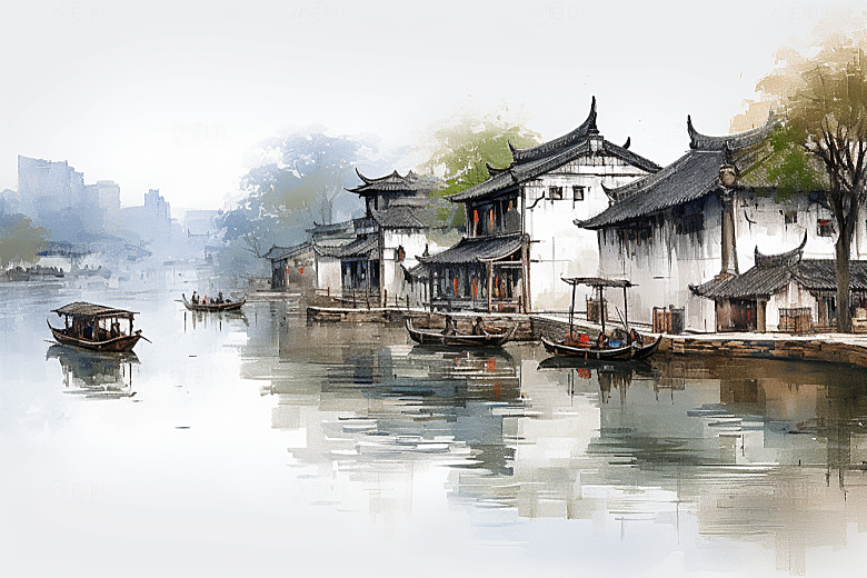 水墨江南水乡水彩插画