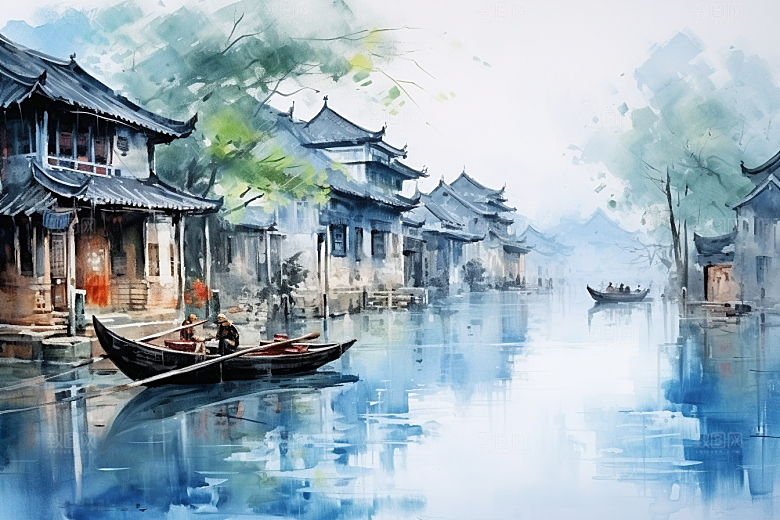 水墨江南中国风水彩插画