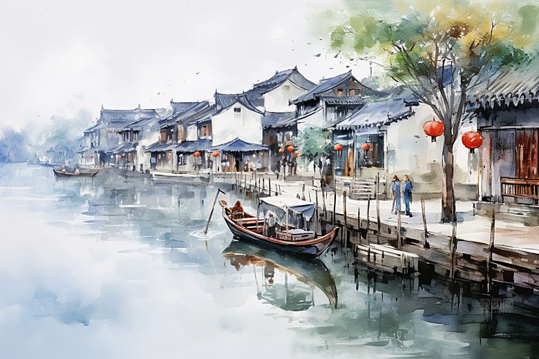 水墨江南中式小桥流水插画