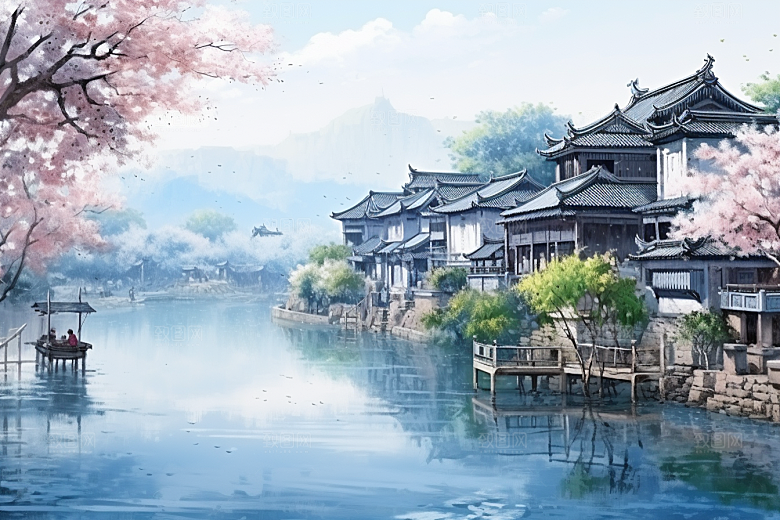 水墨江南小桥流水水乡插画