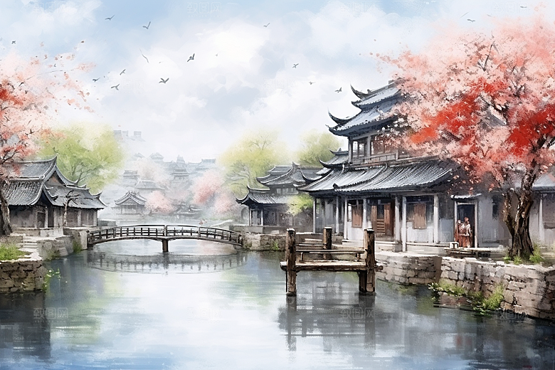 水墨江南水彩小镇插画