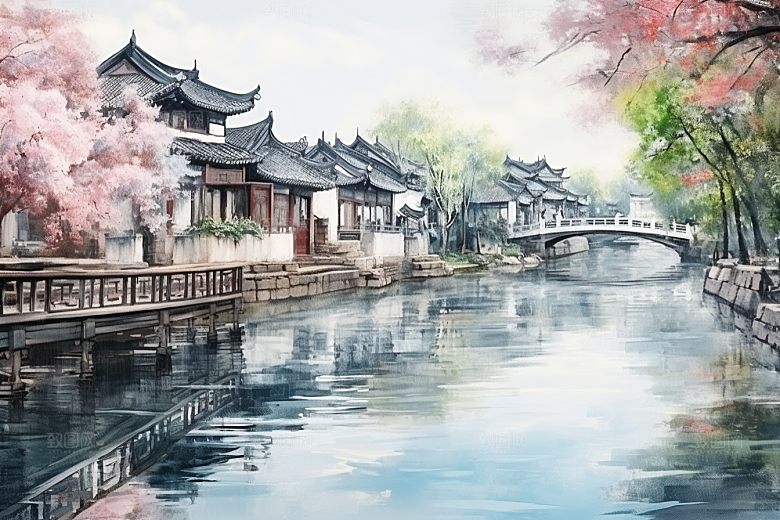 水墨江南小镇手绘插画