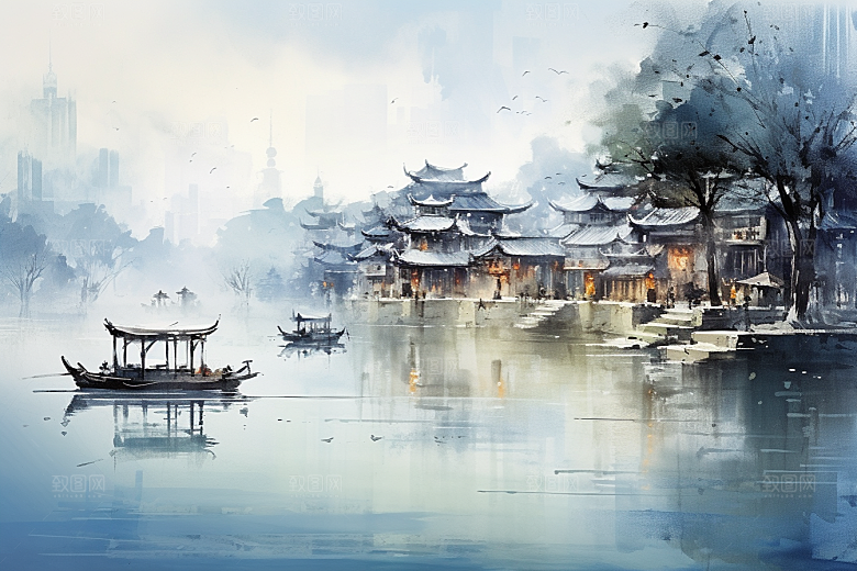 水墨江南中国风水乡插画