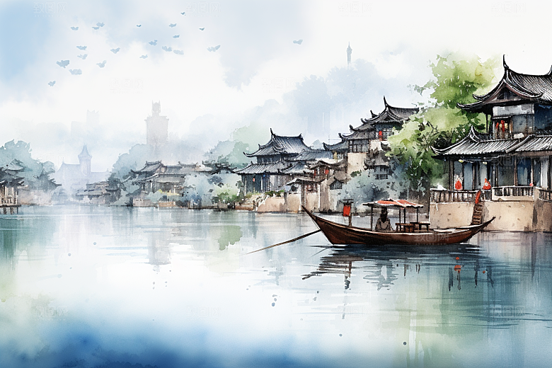 水墨江南小桥流水粉墙黛瓦插画