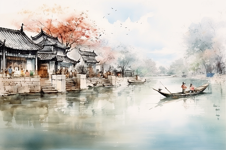 水墨江南水彩手绘插画