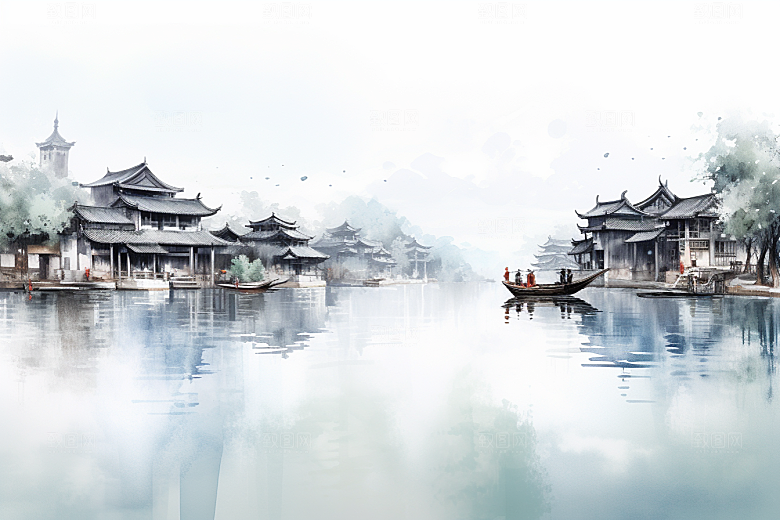 水墨江南小桥流水中式插画