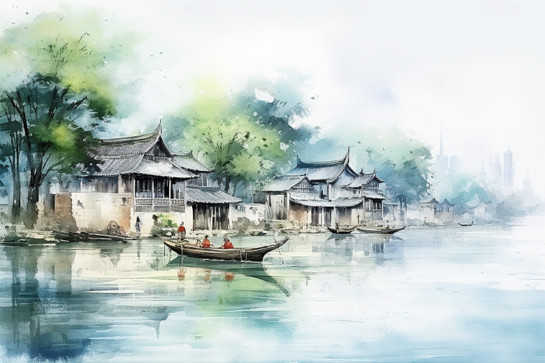 水墨江南中式晕染插画