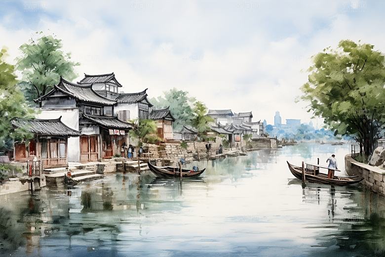 水墨江南中式小镇插画
