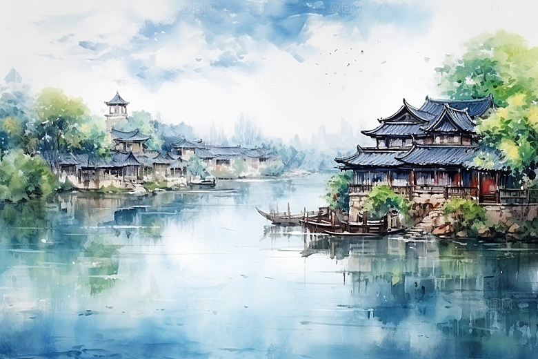 水墨江南中式手绘插画