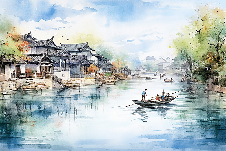 水墨江南中国风小镇插画