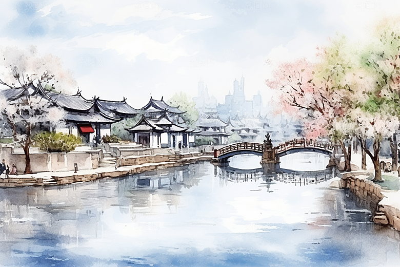 水墨江南中国风粉墙黛瓦插画