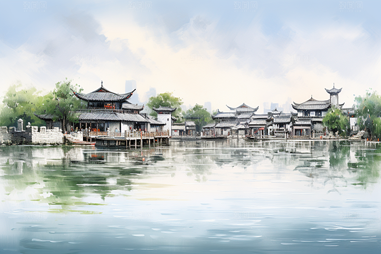 水墨江南水彩粉墙黛瓦插画