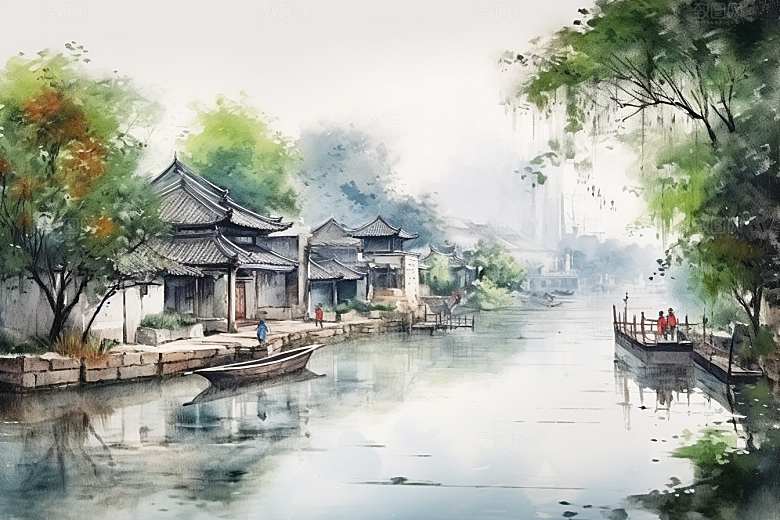 水墨江南小桥流水手绘插画
