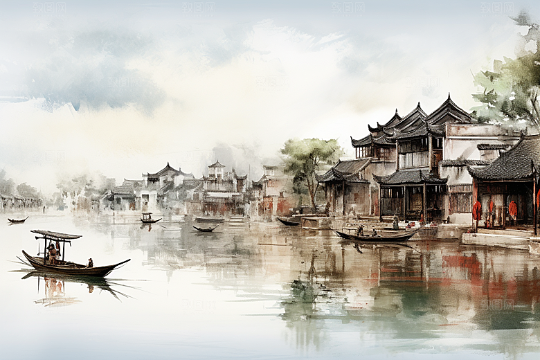 水墨江南水彩粉墙黛瓦插画