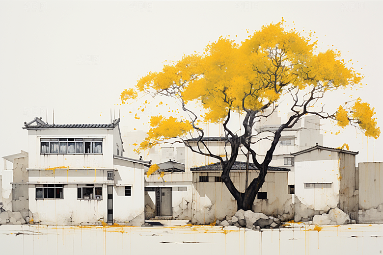 水墨江南水乡中式插画