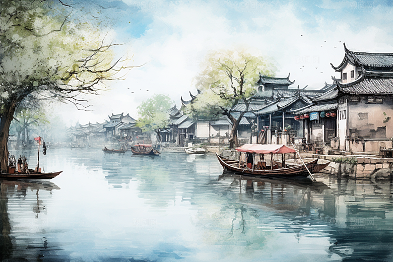 水墨江南小镇小桥流水插画
