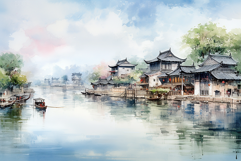 水墨江南晕染粉墙黛瓦插画