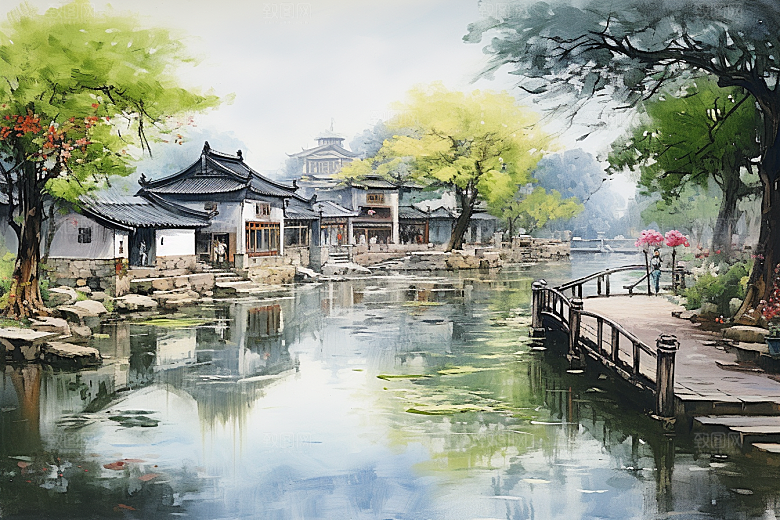水墨江南水乡小镇插画