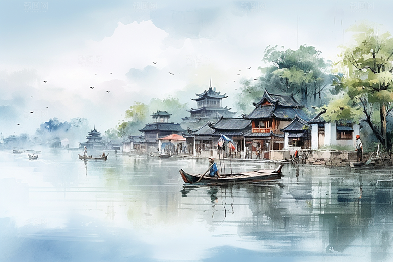 水墨江南水彩小桥流水插画