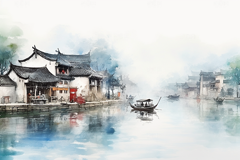 水墨江南小桥流水手绘插画