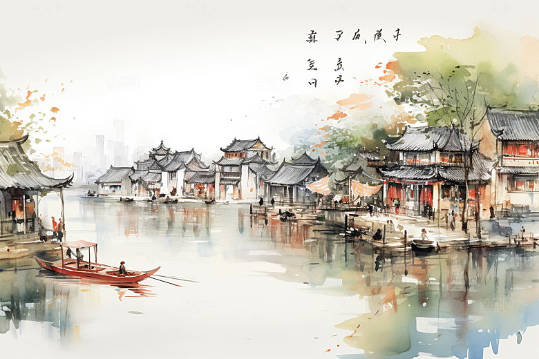 水墨江南水乡小镇插画