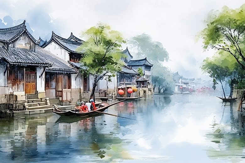 水墨江南晕染小镇插画