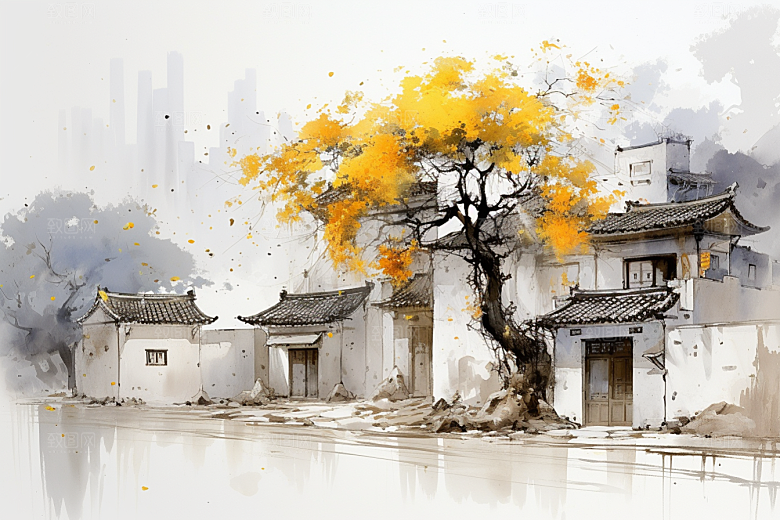 水墨江南手绘晕染插画