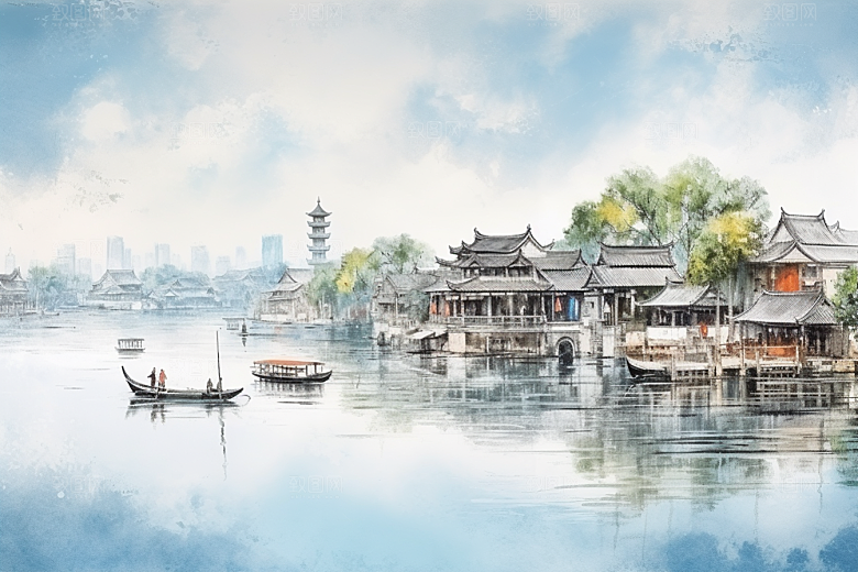 水墨江南中式粉墙黛瓦插画