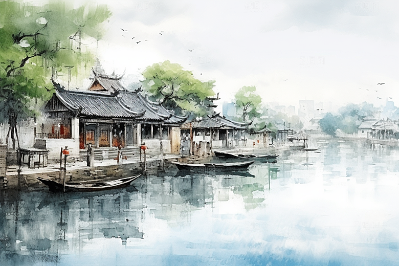 水墨江南小镇小桥流水插画