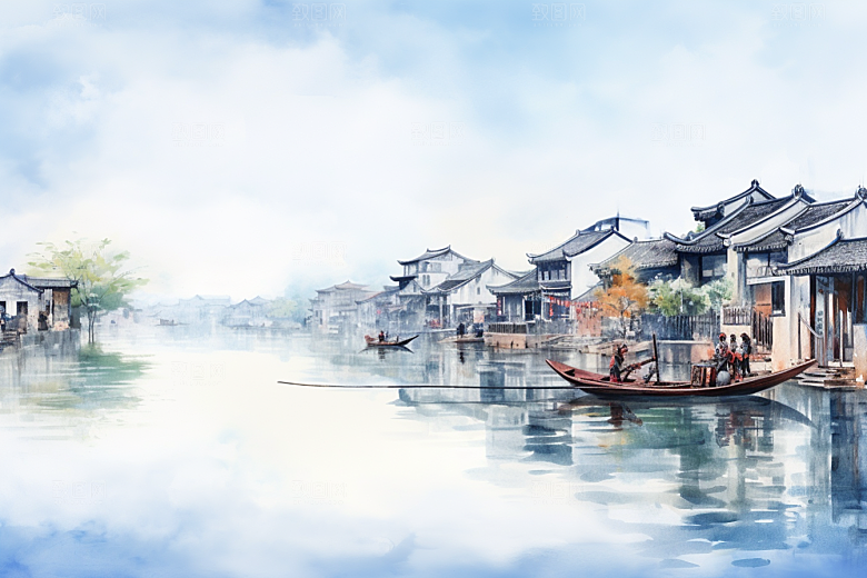 水墨江南小桥流水粉墙黛瓦插画