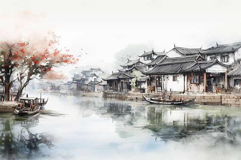 水墨江南中式手绘插画