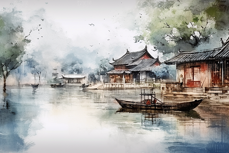 水墨江南水乡小桥流水插画