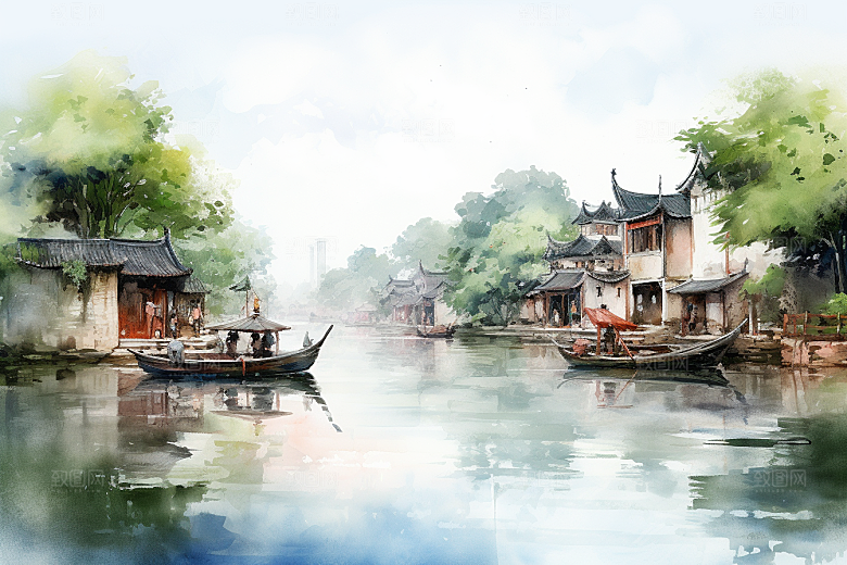水墨江南水彩水乡插画