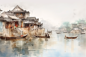 水墨江南粉墙黛瓦水乡插画