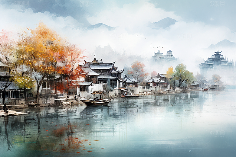 水墨江南小镇小桥流水插画