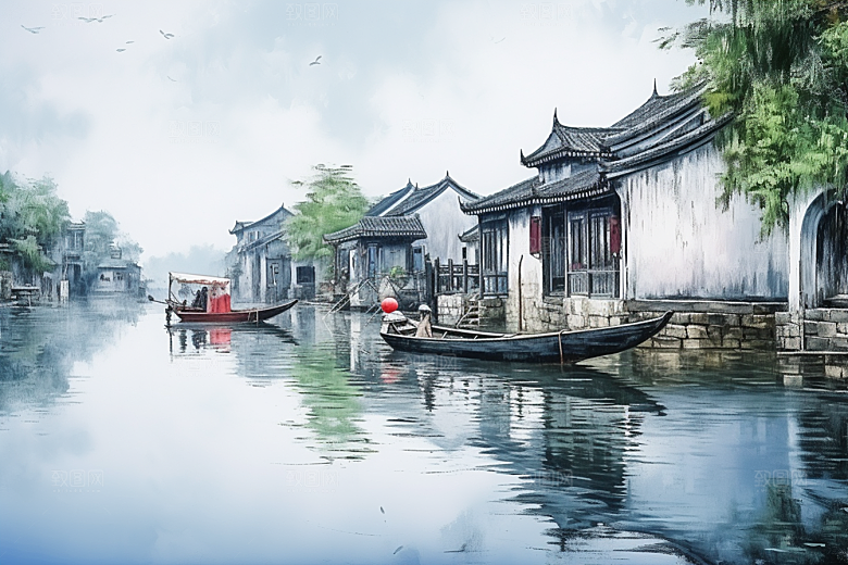 水墨江南小镇中国风插画