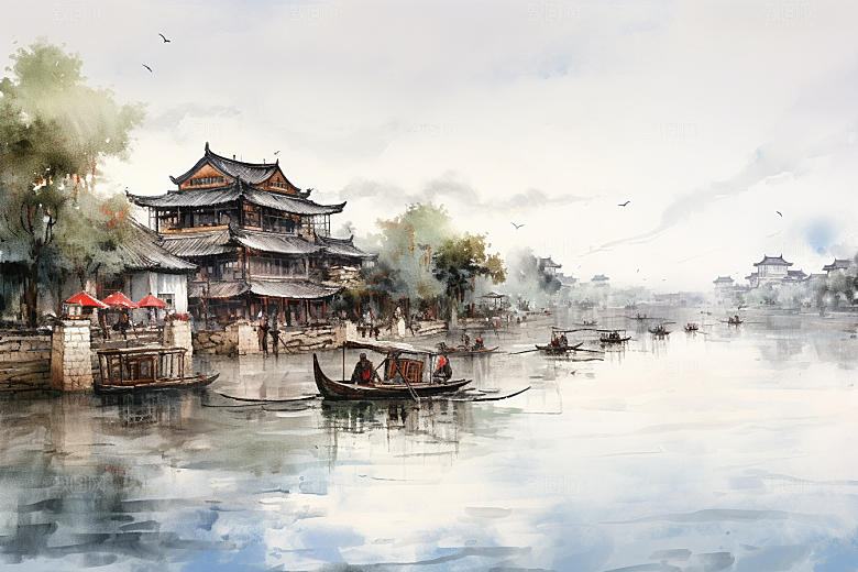 水墨江南手绘粉墙黛瓦插画