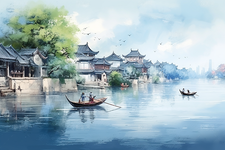 水墨江南粉墙黛瓦中式插画