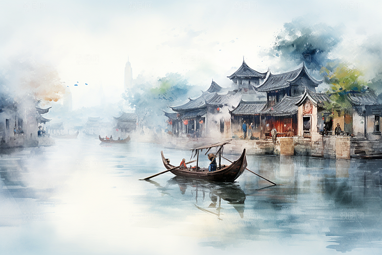 水墨江南水彩小桥流水插画