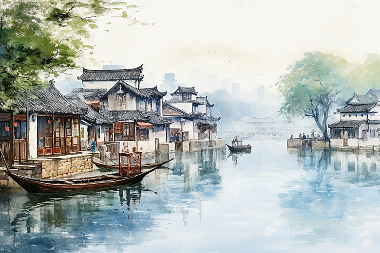 水墨江南小桥流水中国风插画