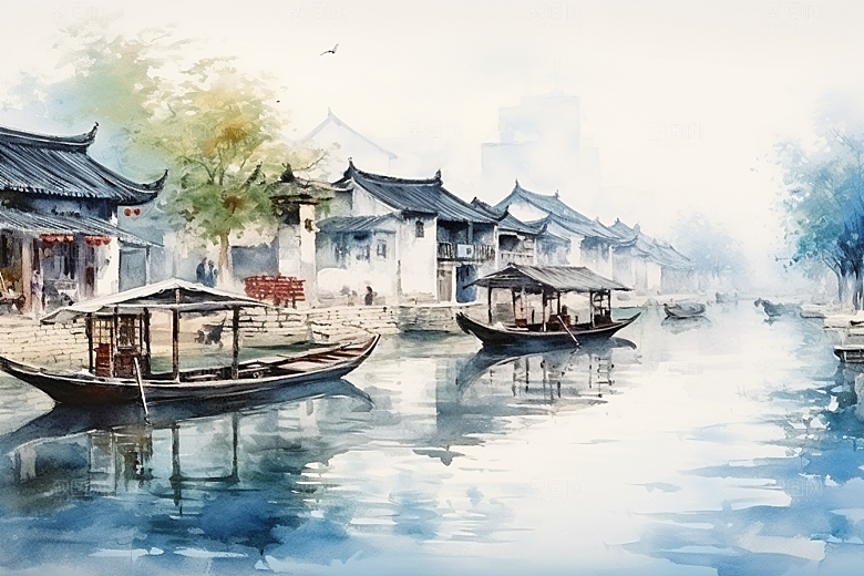 水墨江南中式晕染插画