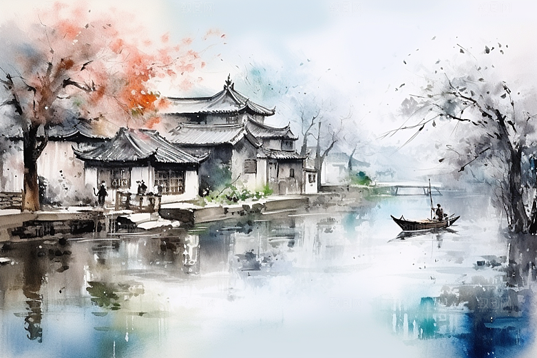 水墨江南中式粉墙黛瓦插画
