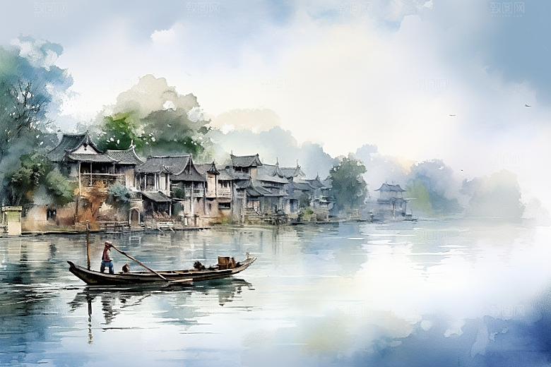 水墨江南晕染小镇插画