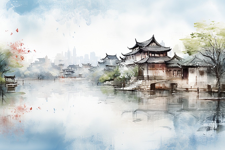 水墨江南小镇手绘插画