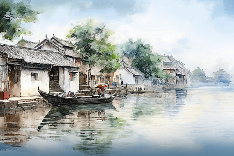 水墨江南水彩手绘插画