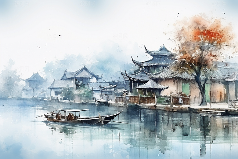 水墨江南粉墙黛瓦水乡插画